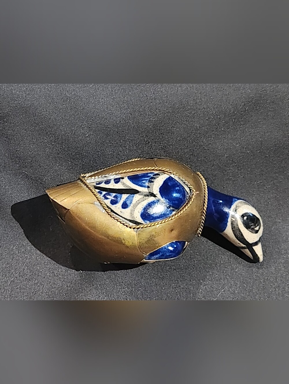VTG Tonala Mexican Duck Blue White Brass Folk Art Ceramic Bird Scale Overlay 4"